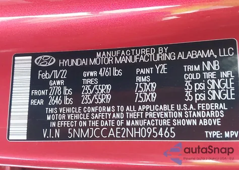 2022 Hyundai Tucson Sel z USA, uszkodzony, nr VIN 5NMJCCAE2NH095465